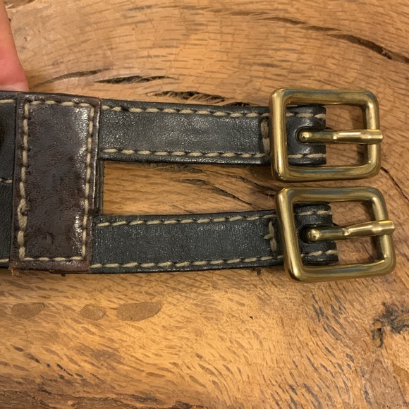 DOUBLE BUCKLE PERFORATED LEATHER BELT  WITH METAL STUDS AND SOMID BRASS BUCKLES - Picture 3 of 14